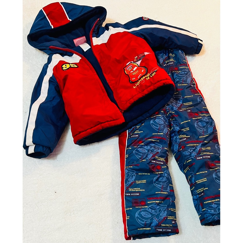 Disney Pixar Cars Lightning McQueen Snow Suit Jacket Bib Pants Set 4T Blue Red